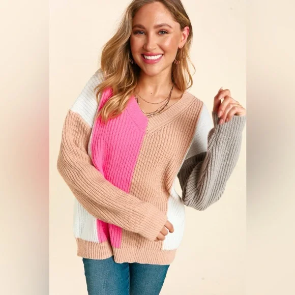 Color Block Knit V-Neck Pullover Relaxed Fit Sweater, Pink/Gray/Tan/White, S-M-L - Picture 9 of 10